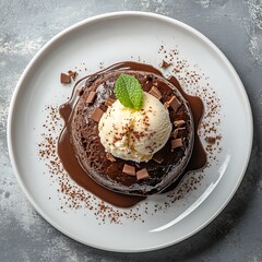 Chocolate Lava Cake with Vanilla Ice Cream, Mint, Chocolate Sauce on White Plate