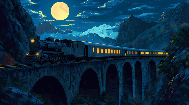 Elegant train journey through scenic mountains at night. [Dream Architectures] | Memory Corridors | nostalgic paths. Illustration