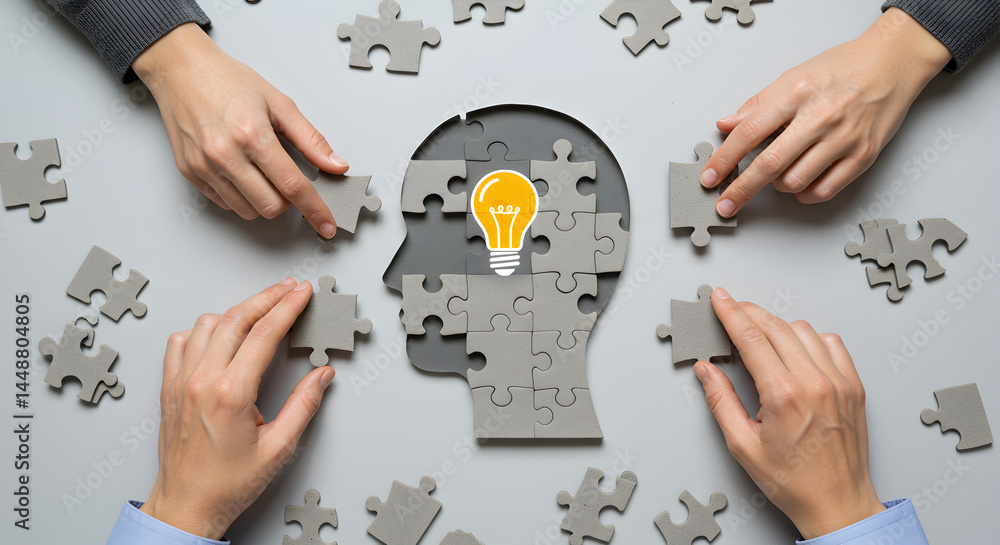 Poster puzzle brain idea teamwork collaboration concept for problem solving and innovation strategy
