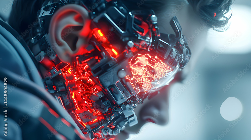 Poster a futuristic cyborg concept showcases advanced technology and glowing red elements. use for cyberpun