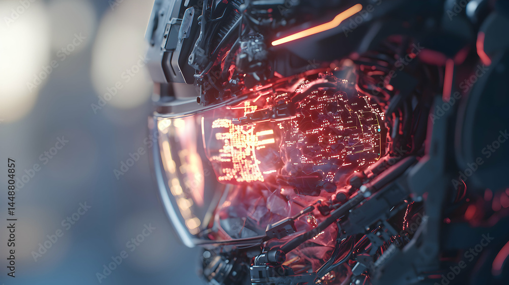 Poster this image presents a futuristic robot's head with glowing internal components. a good fit for scien
