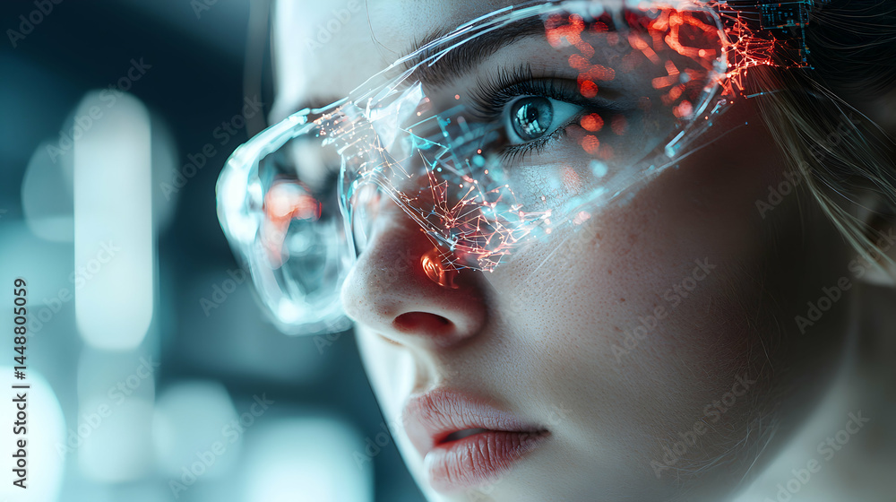 Aufkleber futuristic image of a woman with smart glasses. suggests augmented reality or a technological interf