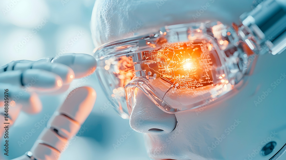 Poster a futuristic image of a robot wearing high-tech glasses. this could represent ai or advanced technol