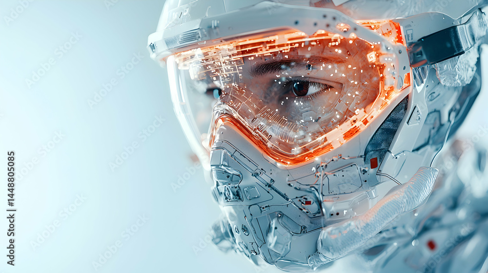 Poster futuristic cyborg portrait. illustrates advanced technology integrating with human features. suggest
