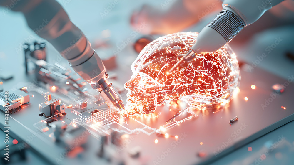 Poster futuristic brain surgery concept. robotics manipulating a glowing digital brain on a circuit board s
