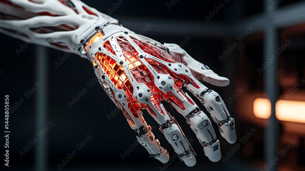 Poster this image depicts a futuristic robotic hand concept. it could be used in medical applications for p