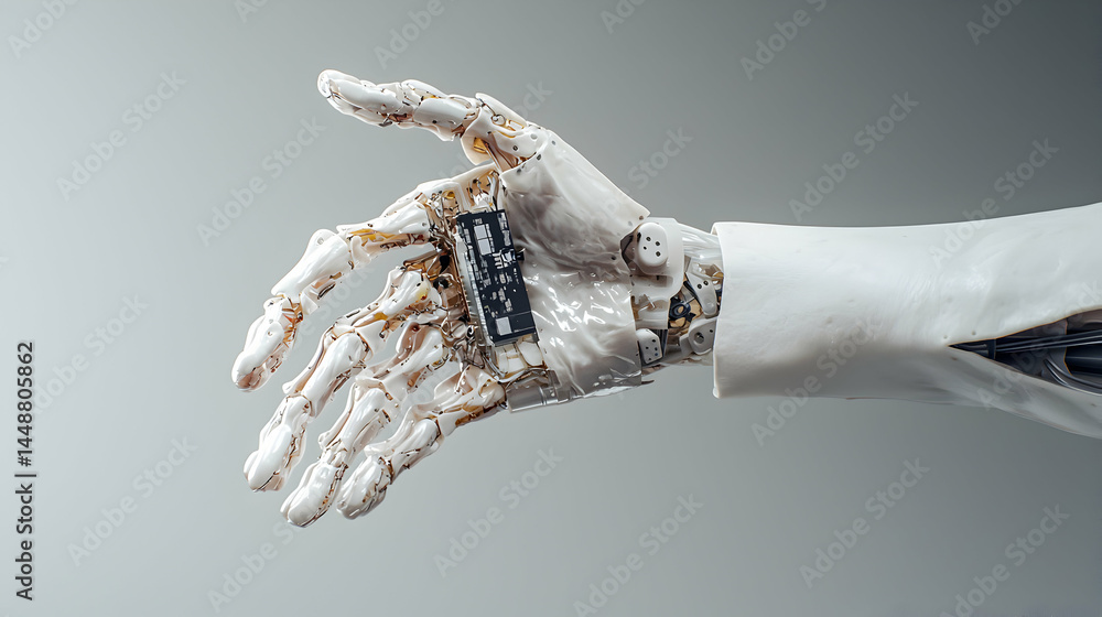 Poster a robotic hand holds a circuit board showcasing artificial intelligence and technological advancemen