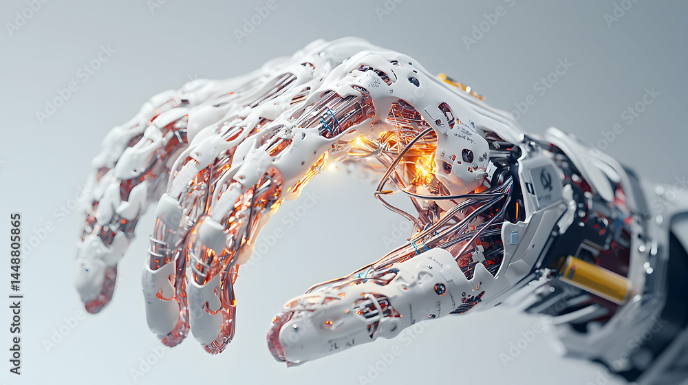 Poster a futuristic robotic hand with intricate details and a warm inner glow. perfect for science fiction 