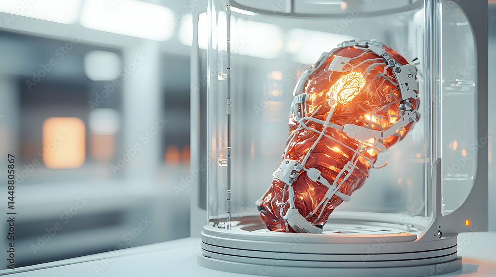 Poster futuristic brain in a tank glowing and pulsing suggesting advanced medical technology and possibly c