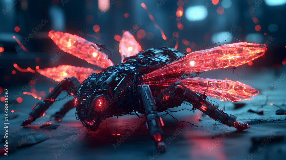 Poster a futuristic insect-like robot with glowing red wings and body. suitable for sci-fi game or movie co