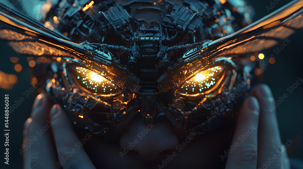 Poster a close-up of a mechanical mask with glowing eyes. perfect for sci-fi art or game assets. use for fu