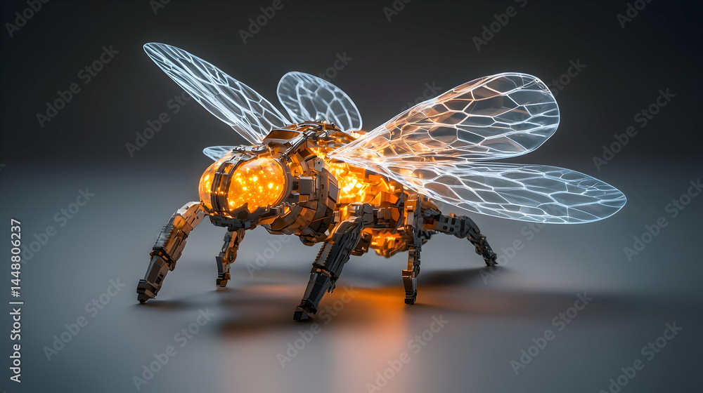 Poster a futuristic robotic bee rendered in a digital art style with glowing internal components. it could 