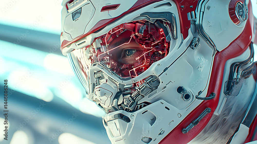 Poster futuristic helmet design showcasing intricate details and a glimpse of the wearer's eye. ideal for s