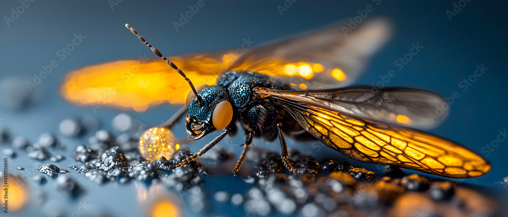 Poster a macro shot of a glowing insect featuring intricate details. this image could be used for science e
