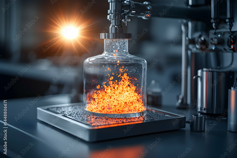 Poster a close-up image of a scientific experiment. glass container with glowing material and complex machi