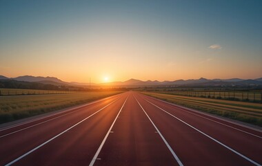 Fototapeta premium Empty long straight running track with warm sunlight, empty running tracks shot at evening