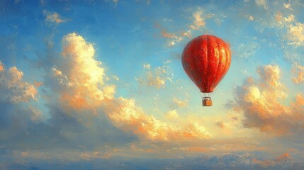 Red hot air balloon floats in a vibrant sky