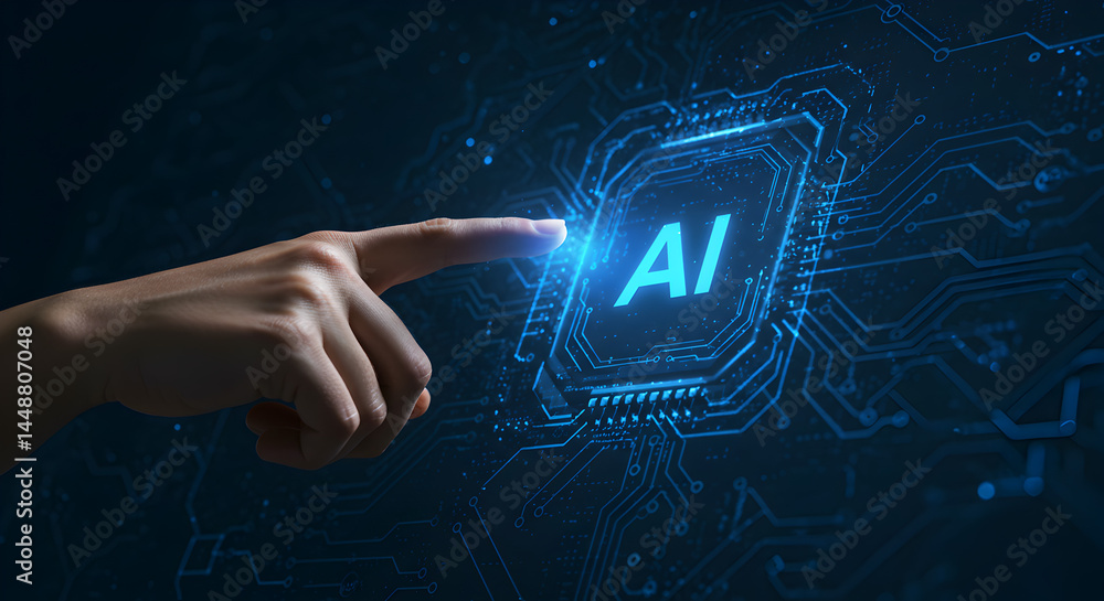 Poster artificial intelligence ai technology concept hand touching digital interface future innovation