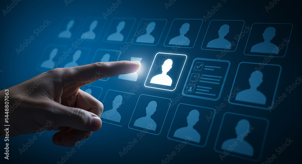 Poster a finger selecting a profile icon from a grid of candidates on a blue digital interface screen