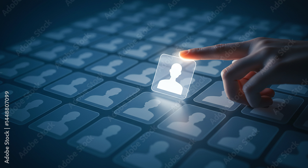 Poster a hand selecting a glowing profile icon from a grid of similar icons in a blue toned image