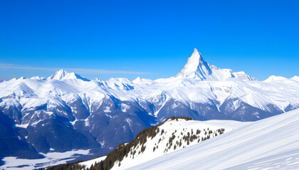 Obraz premium Ski area with amazing view of swiss famous mountains in beautiful winter snow Mt Fort. The matterhorn and the Dent d'Herens. In the foreground the Grand Desert glacier, isometry. with white shades