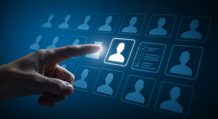 A finger selecting a profile icon from a grid of candidates on a blue digital interface screen