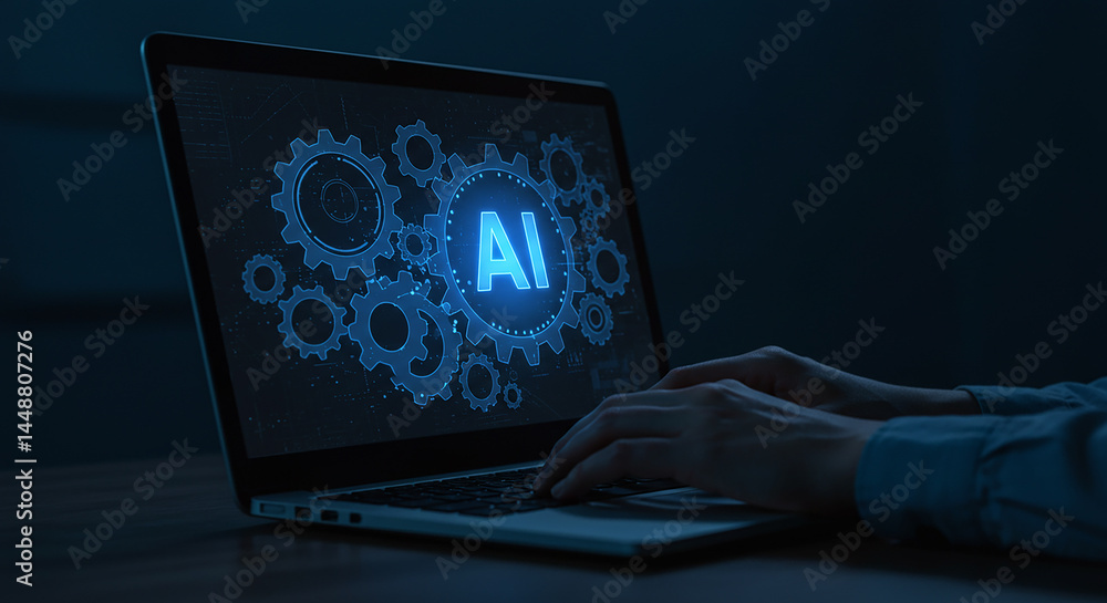 Poster a person typing on a laptop displaying ai with gears on the screen in a dark environment setting