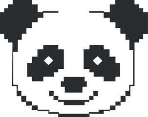 Pixelated illustration of a smiling panda bear face in black and white style