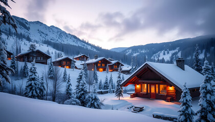 Fototapeta premium A view of cozy wooden scandinavian cabin cottage chalet house covered in snow near ski resort in winter with the lights on, evening picture, mindfulness theme. with white shades