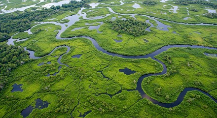 Serene Aerial View: Lush Green Mangrove Swamps and Winding Waterways