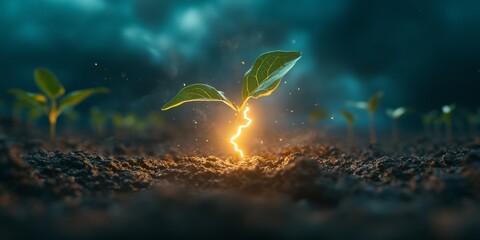 A plant is growing in the dirt with a lightning bolt in the middle