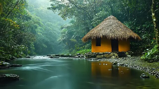 Tranquil riverside hut in lush tropical forest