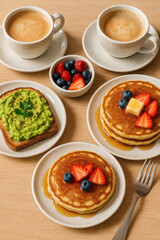 Delicious breakfast spread: Avocado toast, pancakes with berries and maple syrup, and coffee on a light brown wooden table.