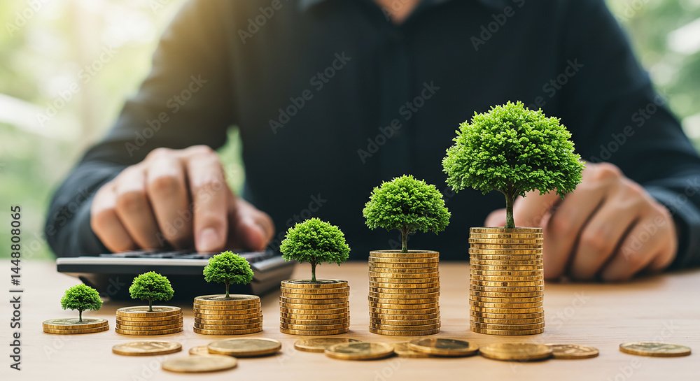 Poster man using calculator with coin stacks and trees symbolizing financial growth and investment