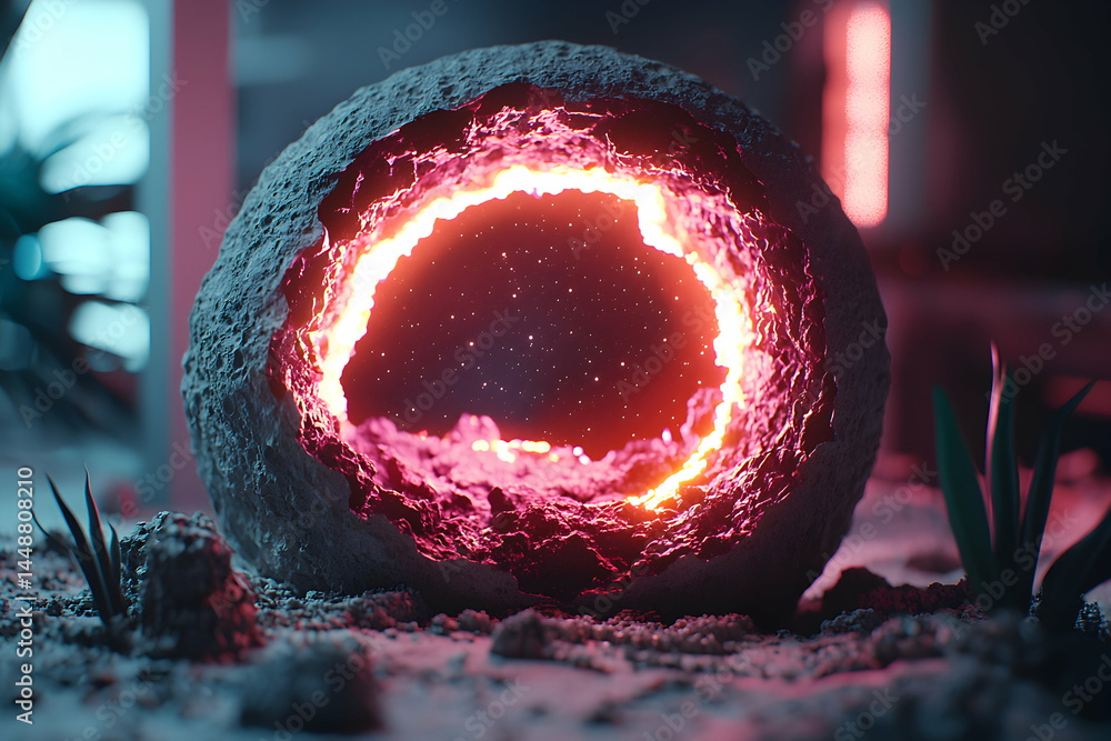 Poster an otherworldly glowing rock with a portal-like opening. it could be a sci-fi illustration or a futu