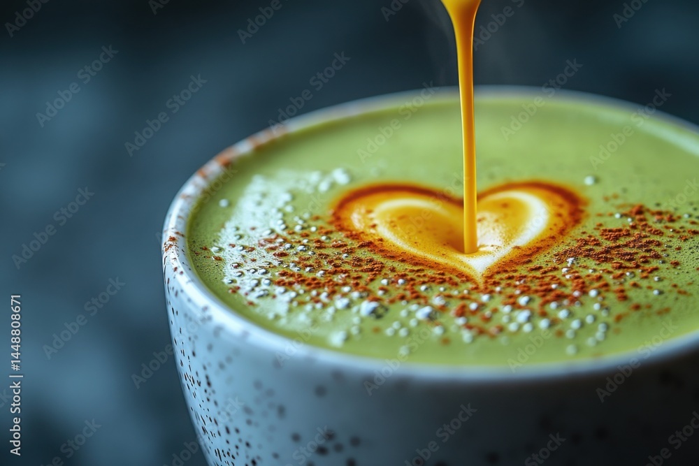 Poster matcha latte art with a stream of honey creating a heart shape close-up shot