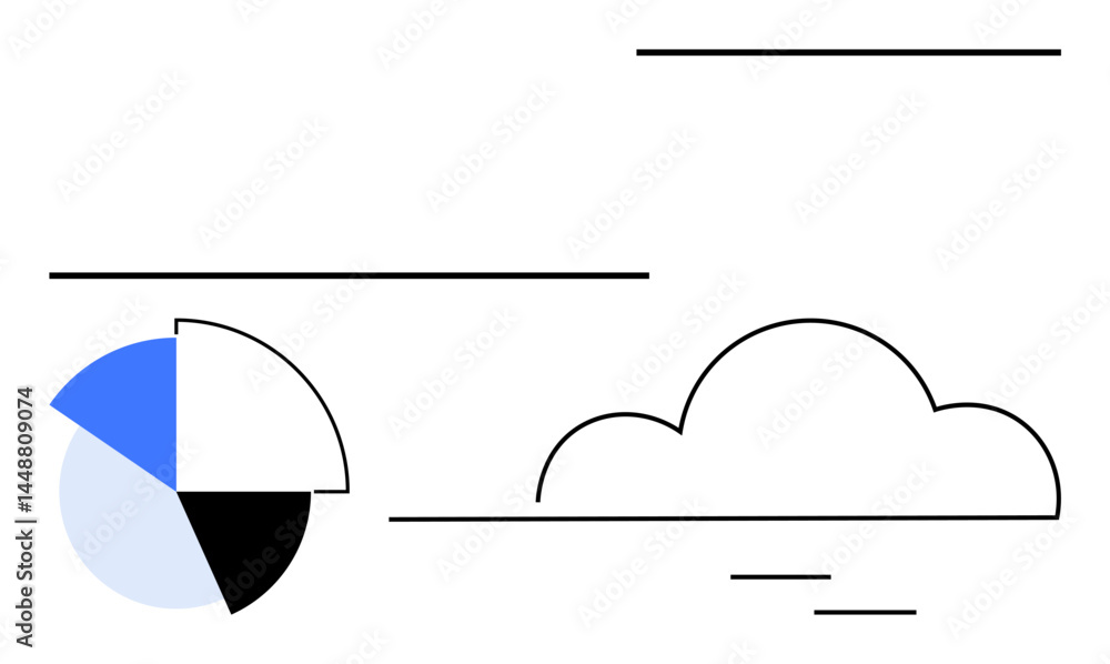 Poster pie chart beside a cloud with abstract lines, representing data analysis, cloud storage, and technol