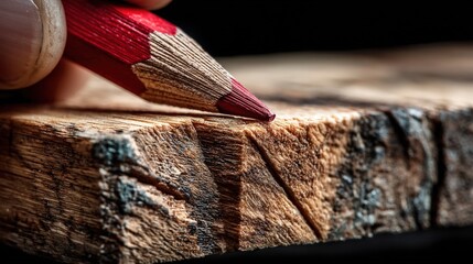 Carpenter's hand poised to draw a cutting line on light oak wood with a red pencil
