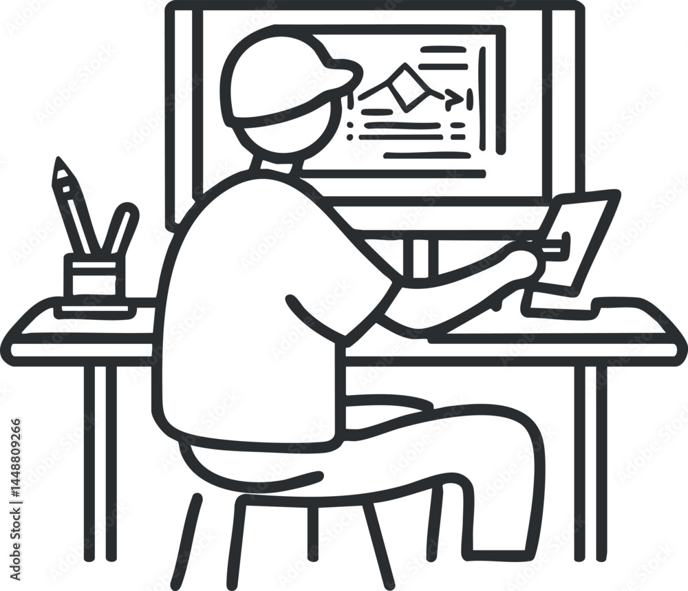 Poster person working on digital design at a desk with a computer and drawing tablet in office environment