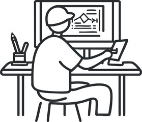 Person working on digital design at a desk with a computer and drawing tablet in office environment