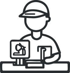 Line drawing of a factory worker wearing a cap operating a machine in an industrial setting