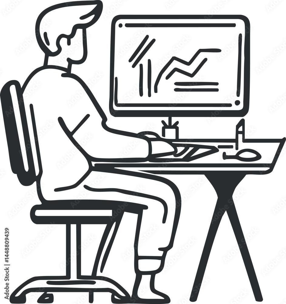 Poster line art illustration of a man sitting at a desk working on a computer analyzing charts and data.