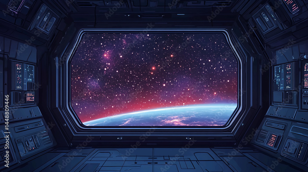 Poster spaceship interior view of earth and galaxy from window for space exploration and sci fi concept art