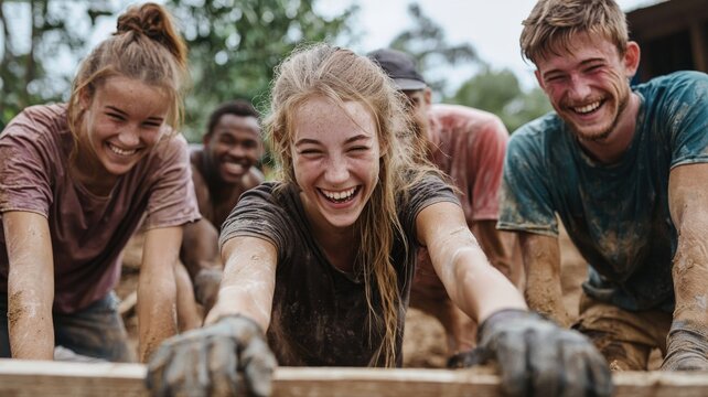 A group of Christian missionaries helping build homes for the poor, teamwork and kindness, bright environment