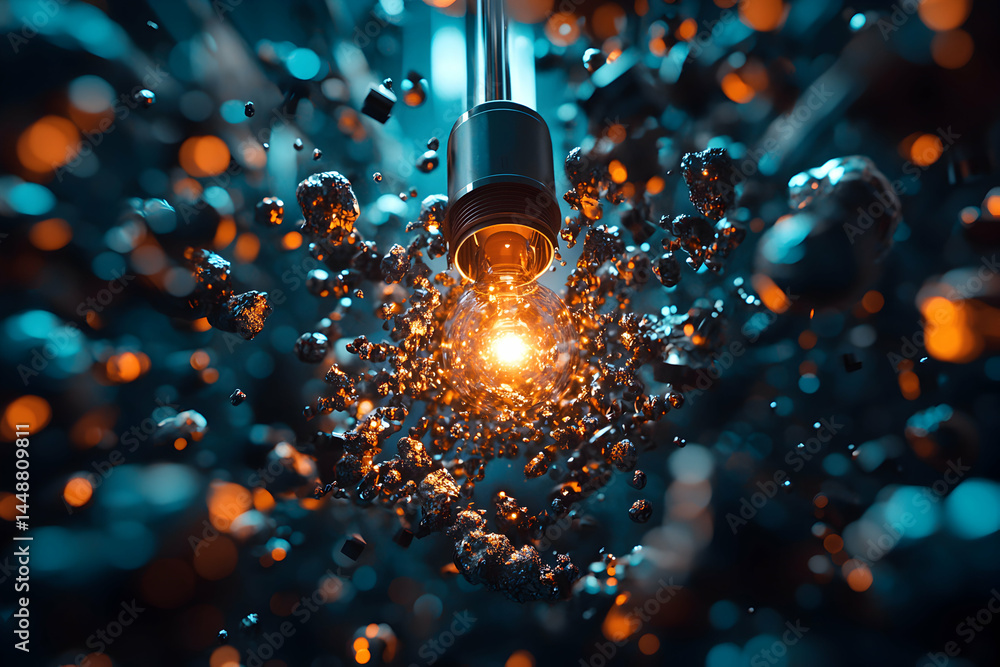 Poster a captivating image of a glowing lightbulb surrounded by abstract particles. ideal for tech or innov