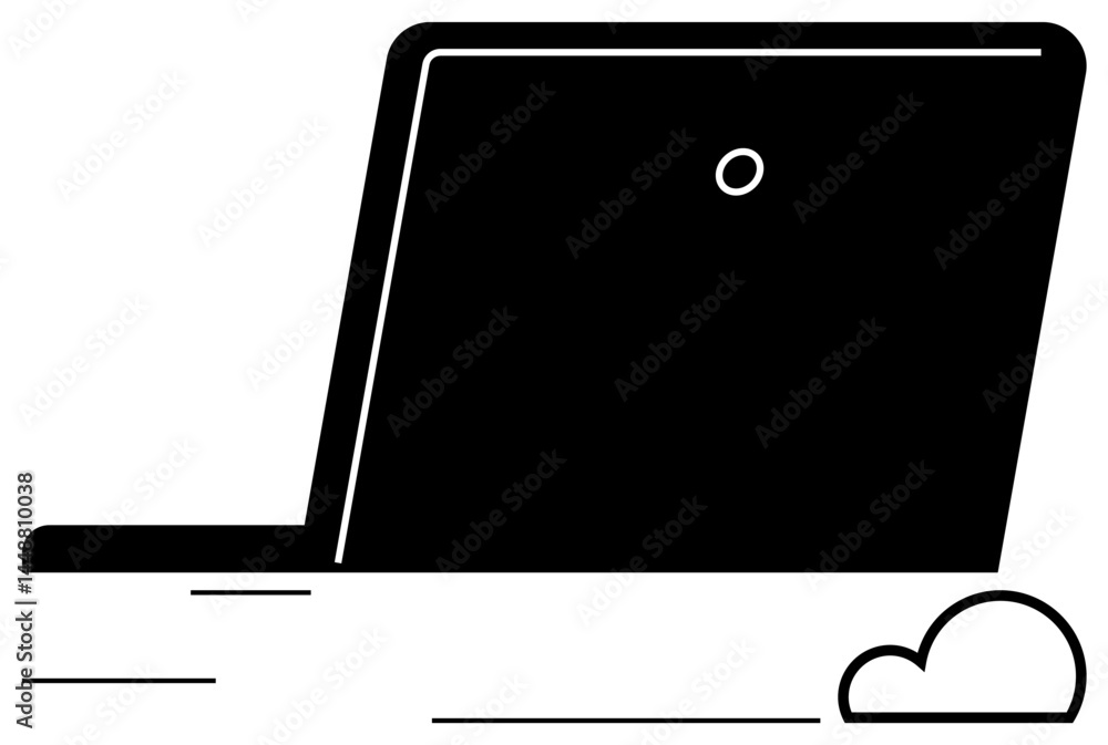 Aufkleber black laptop with motion lines and a cloud icon hinting at cloud computing and digital mobility. ide