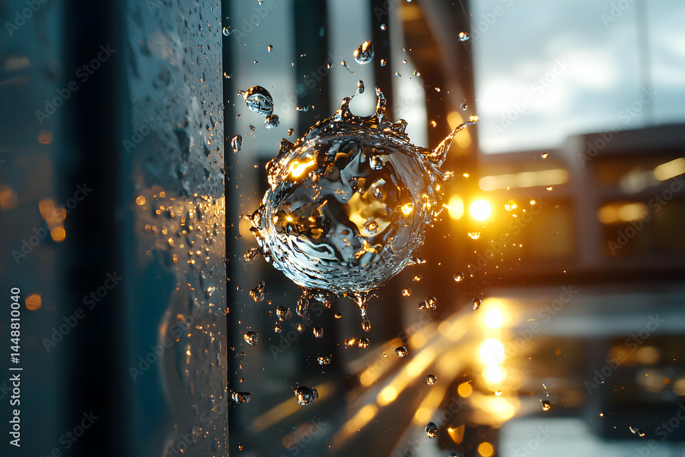 Poster a captivating macro shot showcasing water droplets forming a sphere. the light reflections add a sur