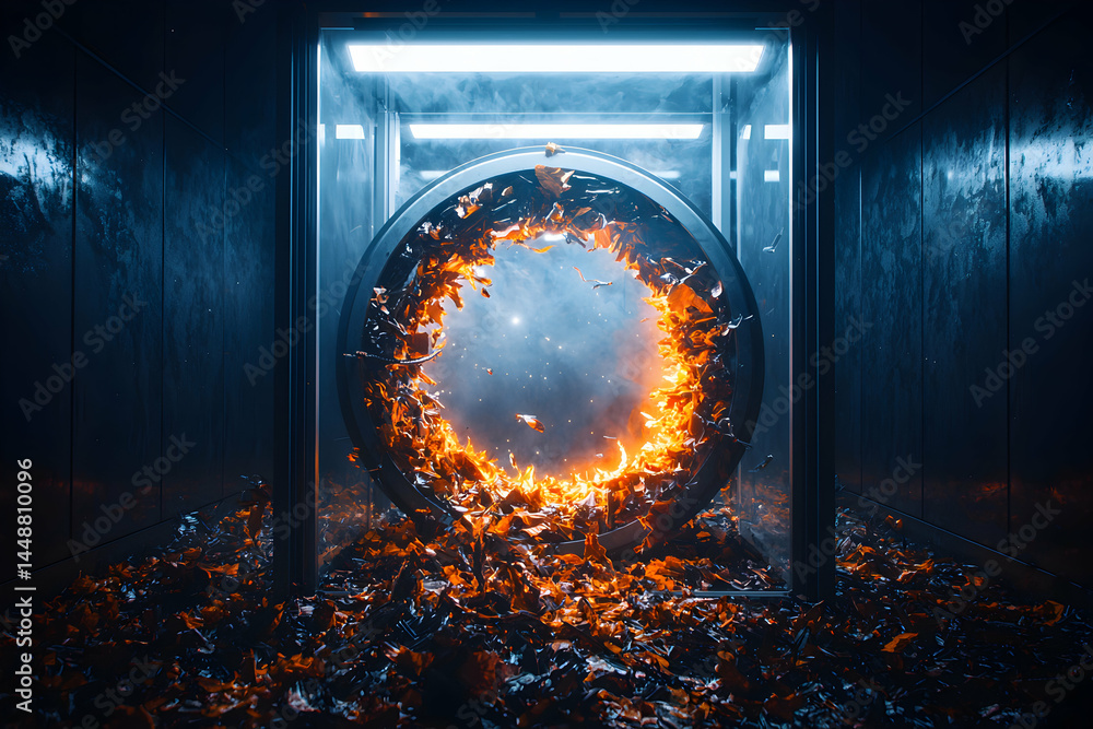 Poster a mysterious portal ablaze in a futuristic setting. use this as a creative backdrop for sci-fi book 
