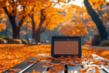 Autumn calendar rests on park bench covered in fallen leaves marking a change of season