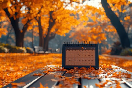 Autumn calendar rests on park bench covered in fallen leaves marking a change of season